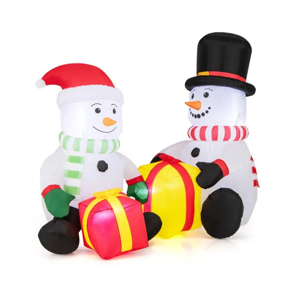 Inflatable 5ft Christmas snowmen with LED lights, one wearing Santa hat, the other a top hat, holding gift boxes