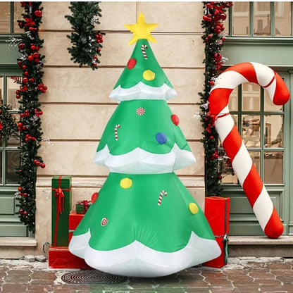 Inflatable 6-9 ft LED lighted Christmas tree with star top, candy cane decorations, surrounded by gifts and giant candy cane