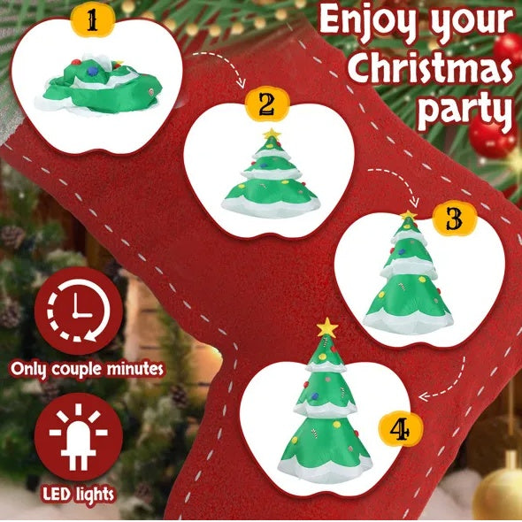 Step-by-step inflatable LED Christmas tree setup on red stocking with Christmas decor background