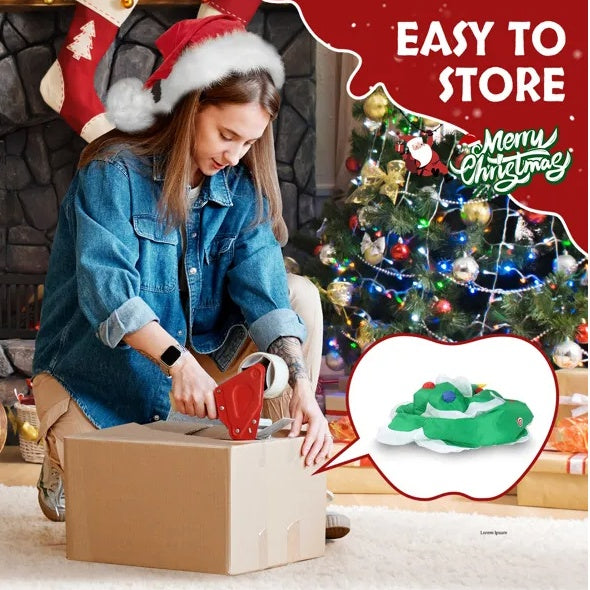 Woman in Santa hat packing a box by decorated Christmas tree with text Easy to Store and Merry Christmas