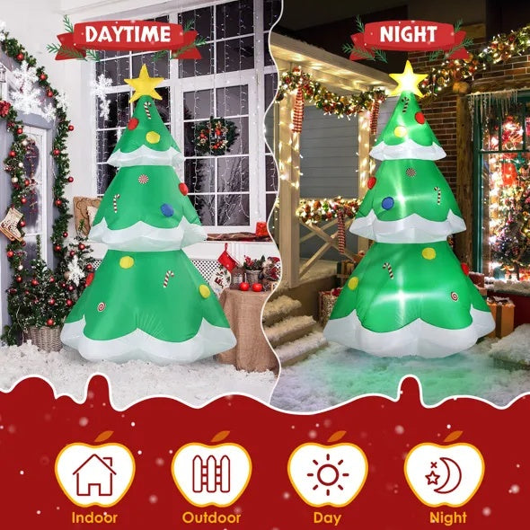 6.9 ft inflatable LED Christmas tree with star topper, decorated for indoor and outdoor holiday display day and night