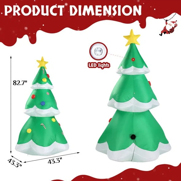 82.7-inch tall inflatable LED Christmas tree with green branches, white snow trim, colorful ornaments, and yellow star top