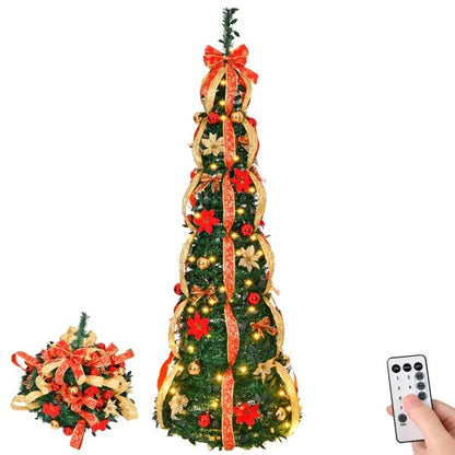 6 ft pre-lit pop-up Christmas tree decorated with red and gold ribbons, ornaments, and poinsettias with remote control