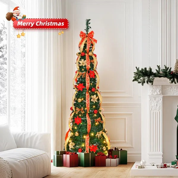 Slim 6 ft pre-lit Christmas tree decorated with red poinsettias, gold ribbons and ornaments, gifts below