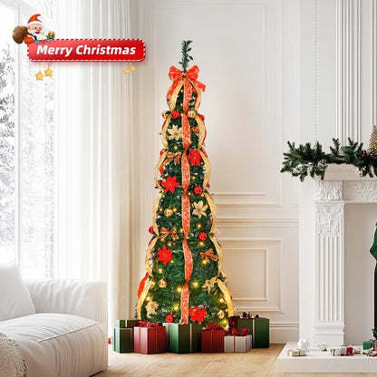 Slim 6 ft pre-lit Christmas tree decorated with red poinsettias, gold ribbons and ornaments, gifts below
