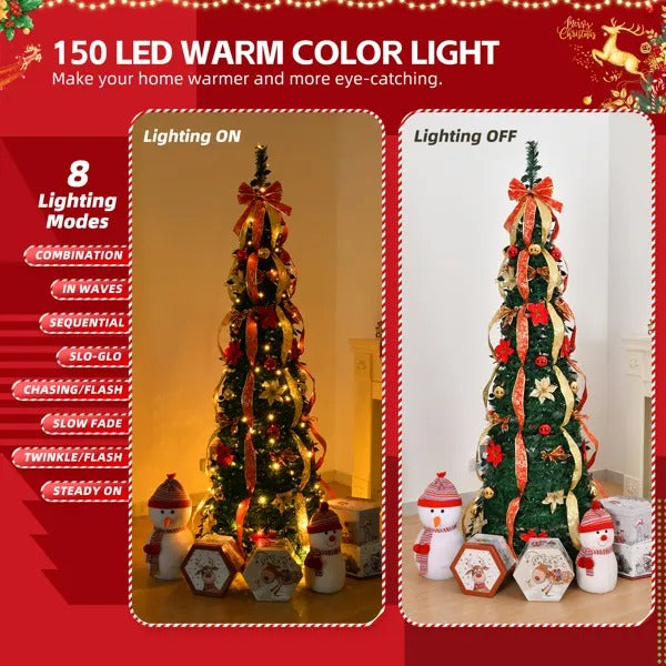 6 ft pre-lit Christmas tree with red and gold ribbons, ornaments, and 150 warm LED lights