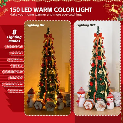 6 ft pre-lit Christmas tree with red and gold ribbons, ornaments, and 150 warm LED lights