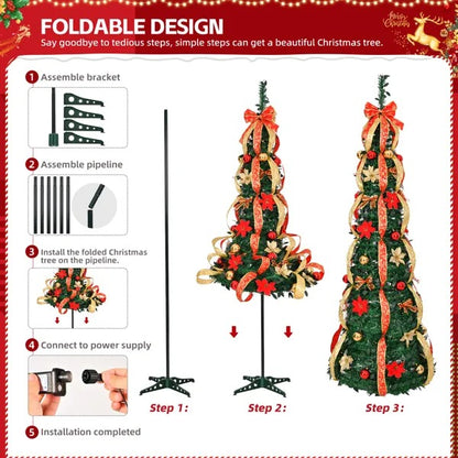 Foldable 6 ft pre-lit Christmas tree with red and gold ornaments and ribbons, step-by-step assembly guide