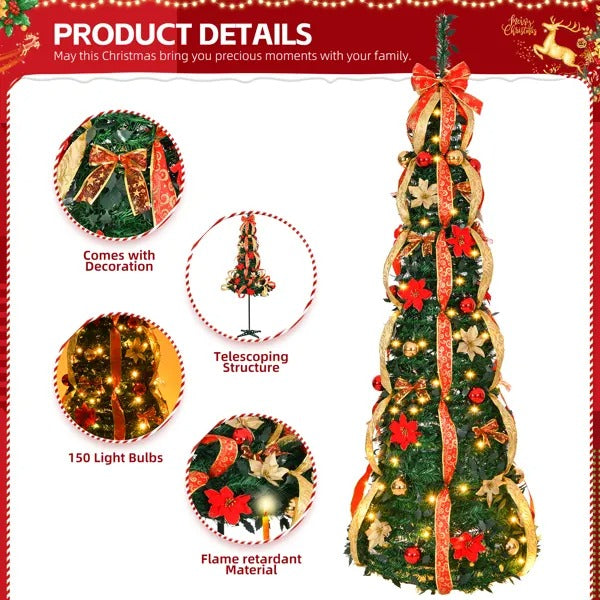 6 ft pre-lit Christmas tree with red ribbons, gold and red ornaments, 150 lights, flame retardant