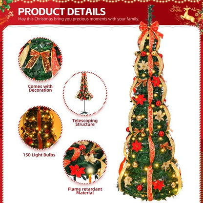 6 ft pre-lit Christmas tree with red ribbons, gold and red ornaments, 150 lights, flame retardant