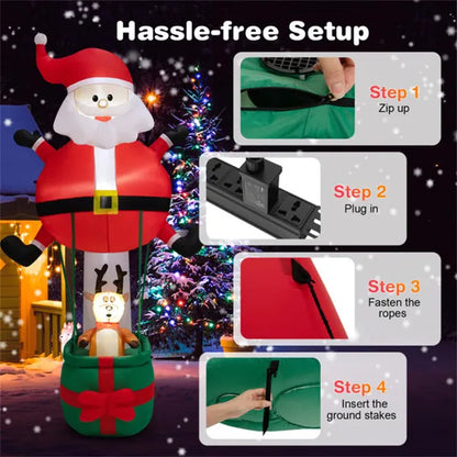Step-by-step setup of 8ft inflatable Santa with reindeer in basket, outdoor Christmas decoration