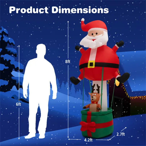 8ft tall inflatable Santa Claus and reindeer Christmas decoration with gift box base in snowy winter scene