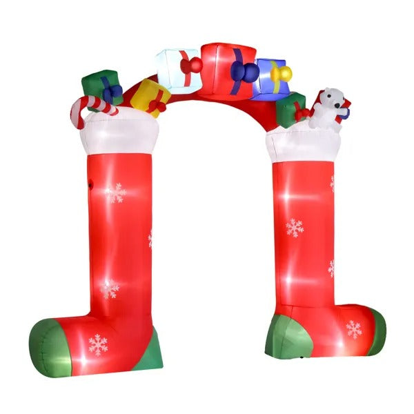 9ft inflatable LED Christmas stocking arch with gifts, candy cane, and polar bear outdoor holiday decoration