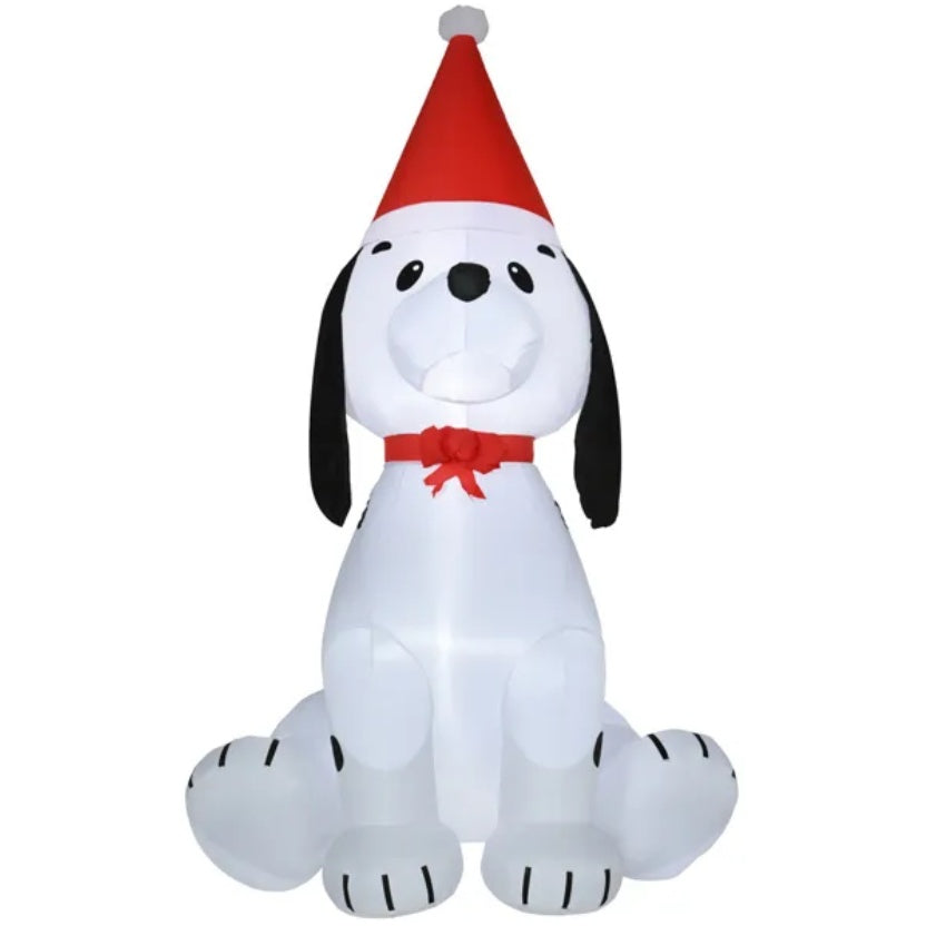 Inflatable white dog Christmas yard decoration with red Santa hat and bow collar
