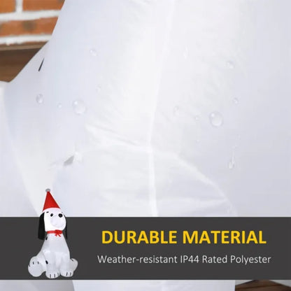Christmas inflatable dog decoration with Santa hat emphasizing durable, weather-resistant polyester material