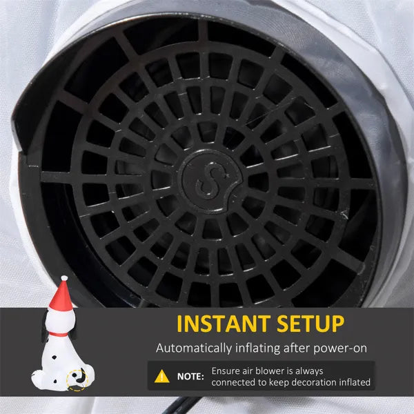 Close-up of black air blower vent on inflatable Christmas dog yard decoration with setup instructions