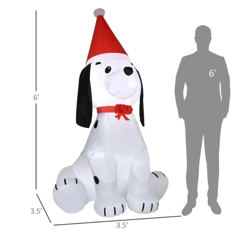 6-foot inflatable white and black spotted dog wearing red Santa hat and bow as Christmas yard decor