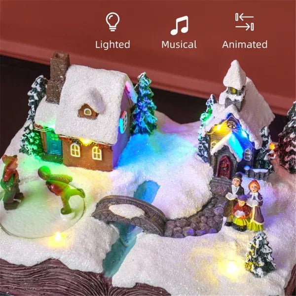Lighted animated musical Christmas village decoration with snow-covered houses, bridge, trees, and figurines