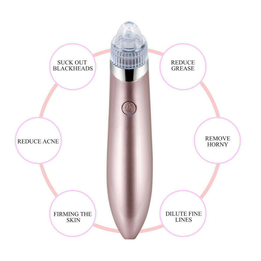 rose gold electric blackhead remover with suction tip and six skincare benefits listed