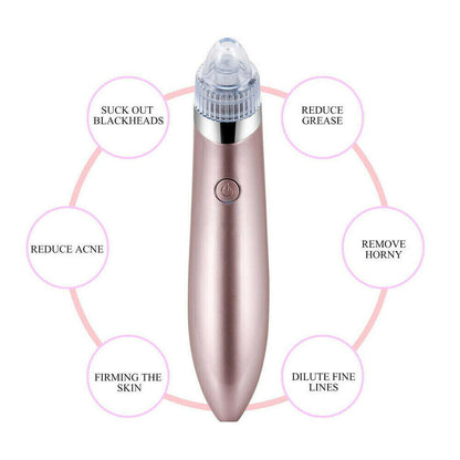 rose gold electric blackhead remover with suction tip and six skincare benefits listed