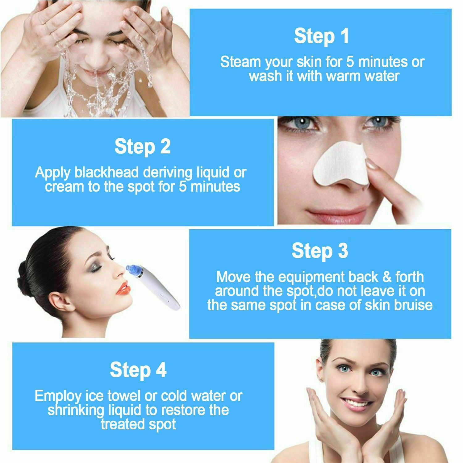 Step-by-step blackhead removal guide with facial cleansing, nose patch, electric pore cleaner, and ice towel application