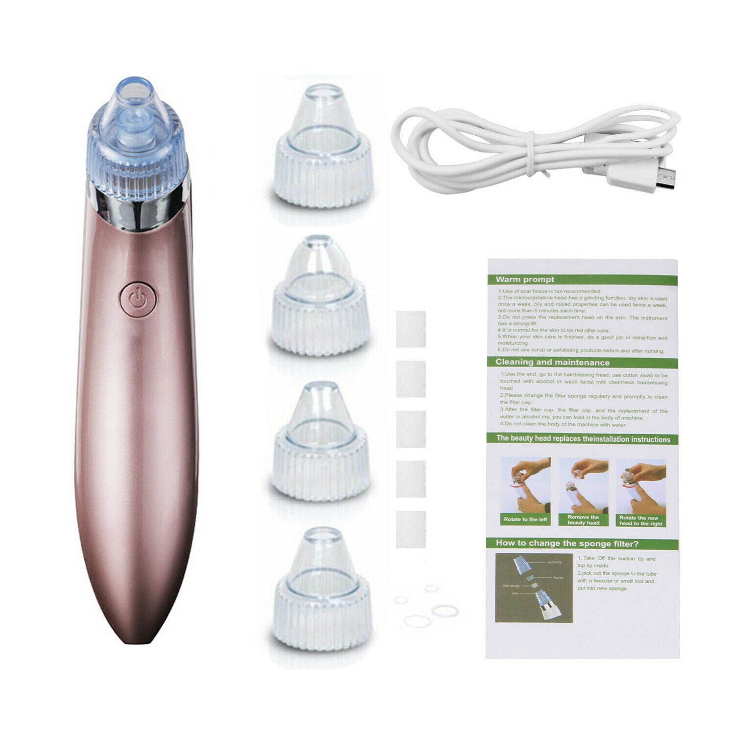 Rose gold electric blackhead remover with four suction heads, USB cable, and instruction manual