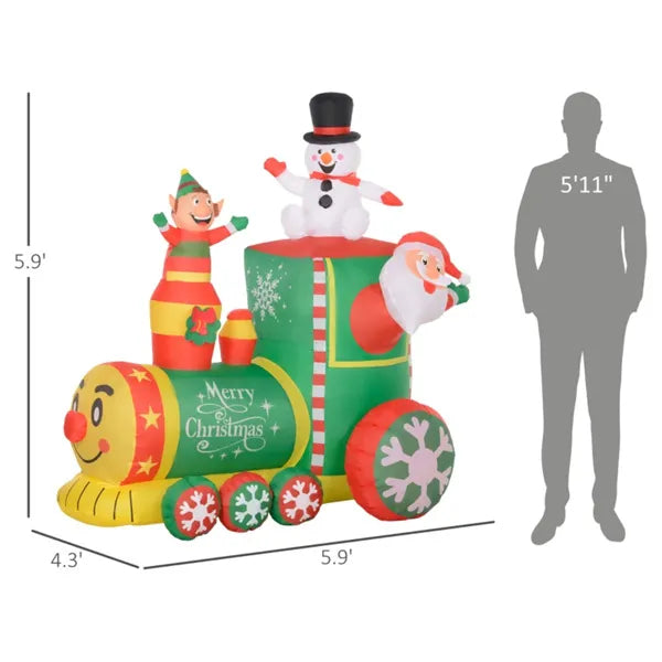 Inflatable Christmas train decoration with Santa, snowman, and elf, green and red holiday colors