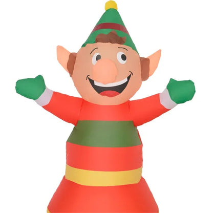 Inflatable Christmas elf decoration with green, red, and yellow outfit and pointed hat