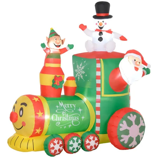 Inflatable Christmas train decoration with Santa, snowman, elf, and Merry Christmas text