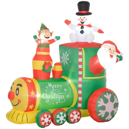 Inflatable Christmas train decoration with Santa, snowman, elf, and Merry Christmas text