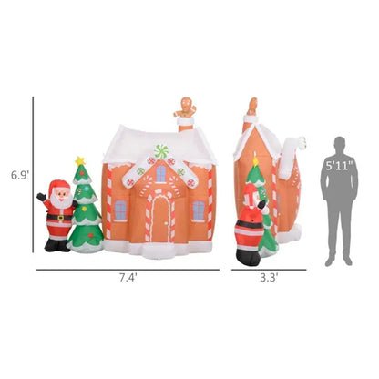 Inflatable gingerbread house with Santa and Christmas tree LED holiday decoration with dimensions