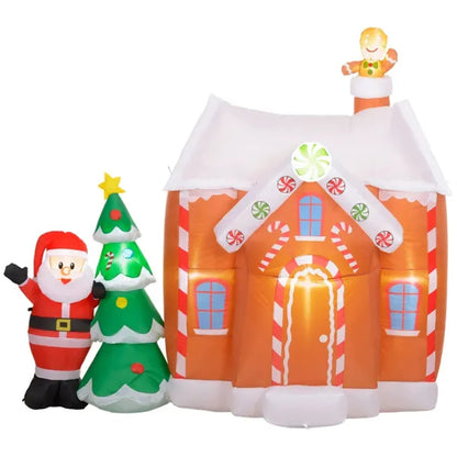 Inflatable gingerbread house decoration with LED lights, Santa figure, and Christmas tree with star