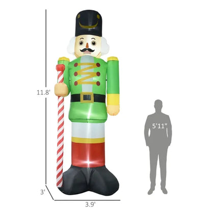 11.8-foot inflatable Christmas nutcracker soldier decoration with green uniform and candy cane staff