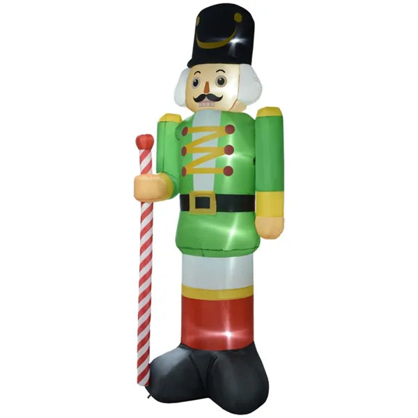 Inflatable Christmas nutcracker soldier yard decoration in green, red, and black holding candy cane