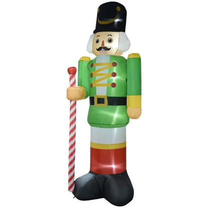 Inflatable Christmas nutcracker soldier yard decoration in green, red, and black holding candy cane