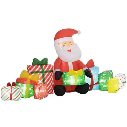 Inflatable Santa Claus yard decoration with LED lights surrounded by colorful Christmas gift boxes