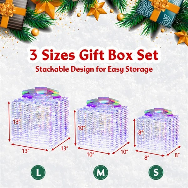 Set of 3 iridescent lighted Christmas gift boxes in large, medium, and small sizes with stackable design