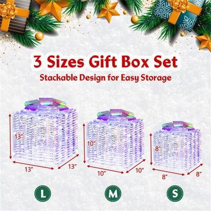 Set of 3 iridescent lighted Christmas gift boxes in large, medium, and small sizes with stackable design