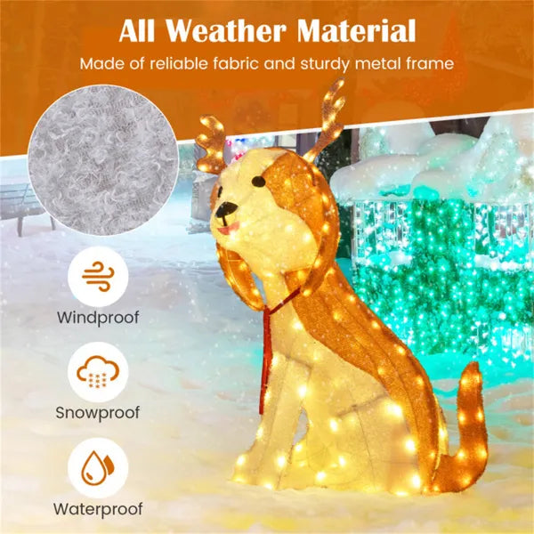 Lighted Christmas dog decoration with 164 LED lights, brown and white, outdoor snowproof and waterproof