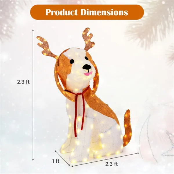 Lighted Christmas dog decoration with antlers, 164 LED lights, 2.3 ft tall, brown and white