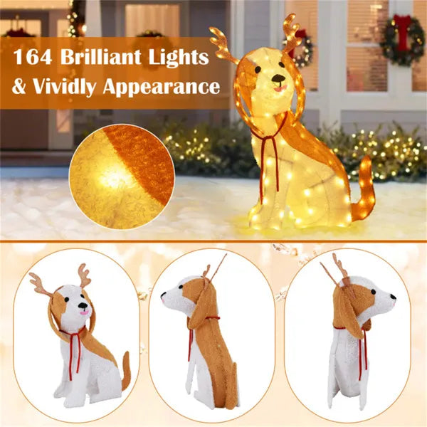 Lighted Christmas dog decoration with 164 LED lights, brown and white, wearing reindeer antlers and red ribbon