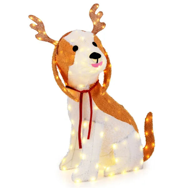 Lighted Christmas dog decoration sitting wearing reindeer antlers with 164 LED lights