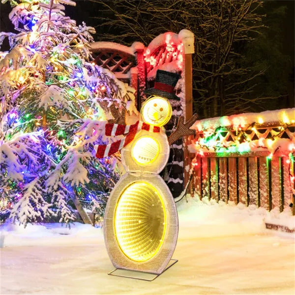Lighted snowman Christmas decoration with 105 LED lights, red scarf, black top hat, snowy yard