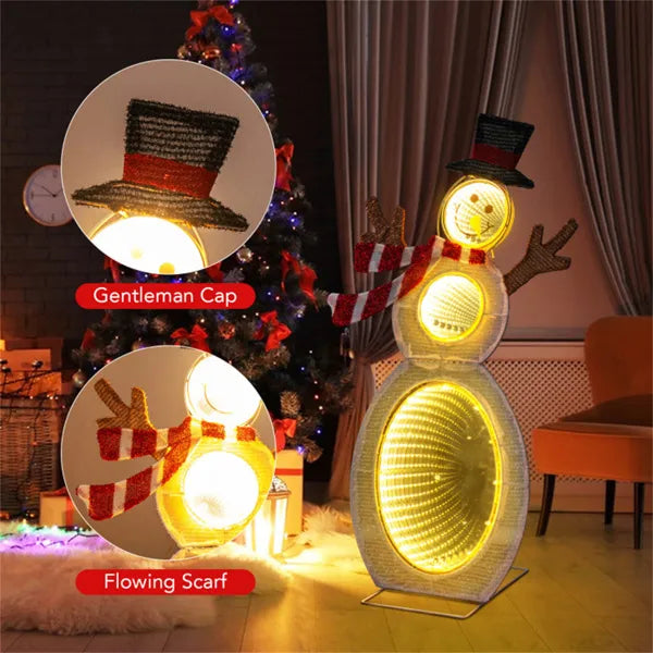 Lighted snowman Christmas decoration with LED lights, black top hat, red and white scarf indoors