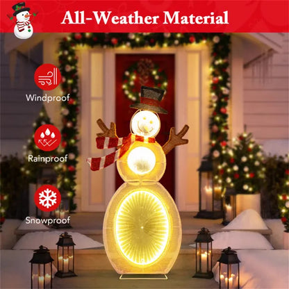 Lighted snowman Christmas decoration with 105 LED lights, adorned with scarf and top hat, outdoor porch setting