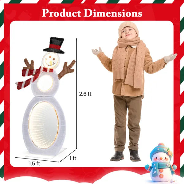 2.6 ft lighted snowman decoration with 105 LED lights, black top hat, red scarf, and child in winter outfit
