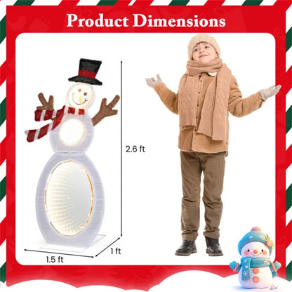 2.6 ft lighted snowman decoration with 105 LED lights, black top hat, red scarf, and child in winter outfit