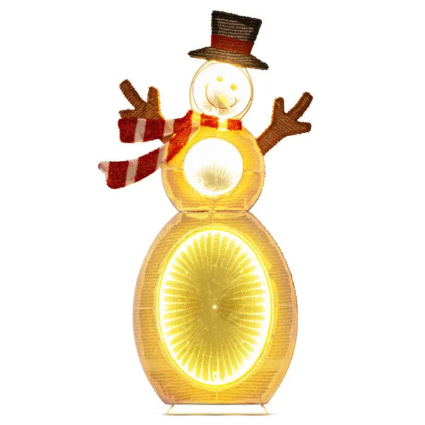 Lighted snowman decoration with glowing yellow LED lights, striped scarf, top hat, and twig arms