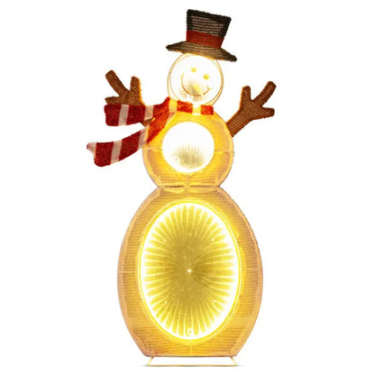 Lighted snowman decoration with glowing yellow LED lights, striped scarf, top hat, and twig arms