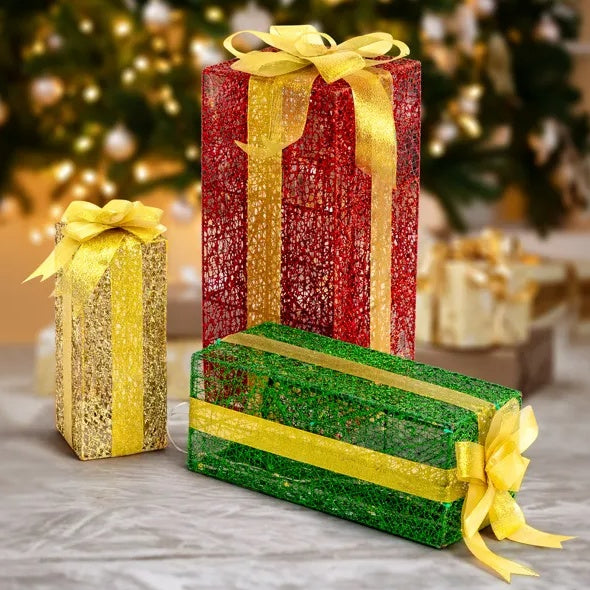 Set of 3 lighted Christmas gift boxes in red, green, and gold with yellow ribbon bows